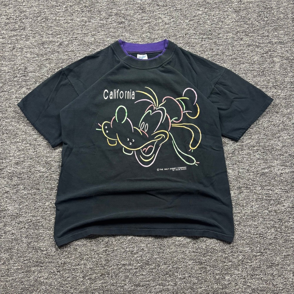 Vintage 90s Disney Goofy California Neon Velva Sheen T-Shirt Black Men's Medium